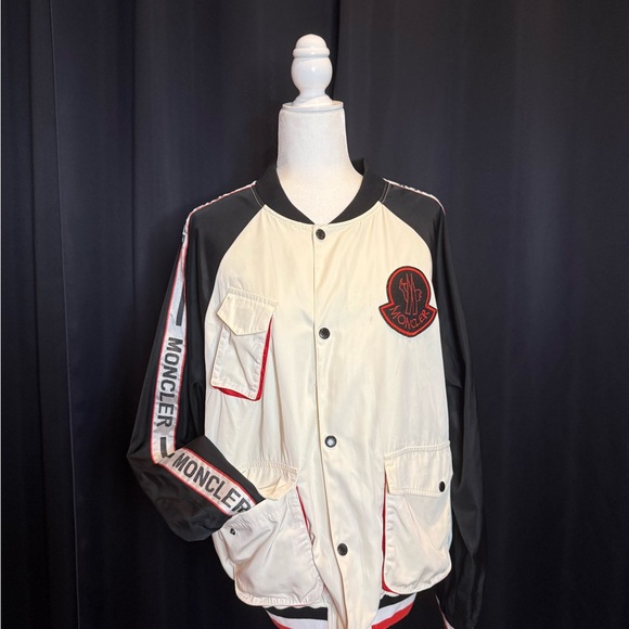 Moncler Black and Cream Varsity Bomber Jacket